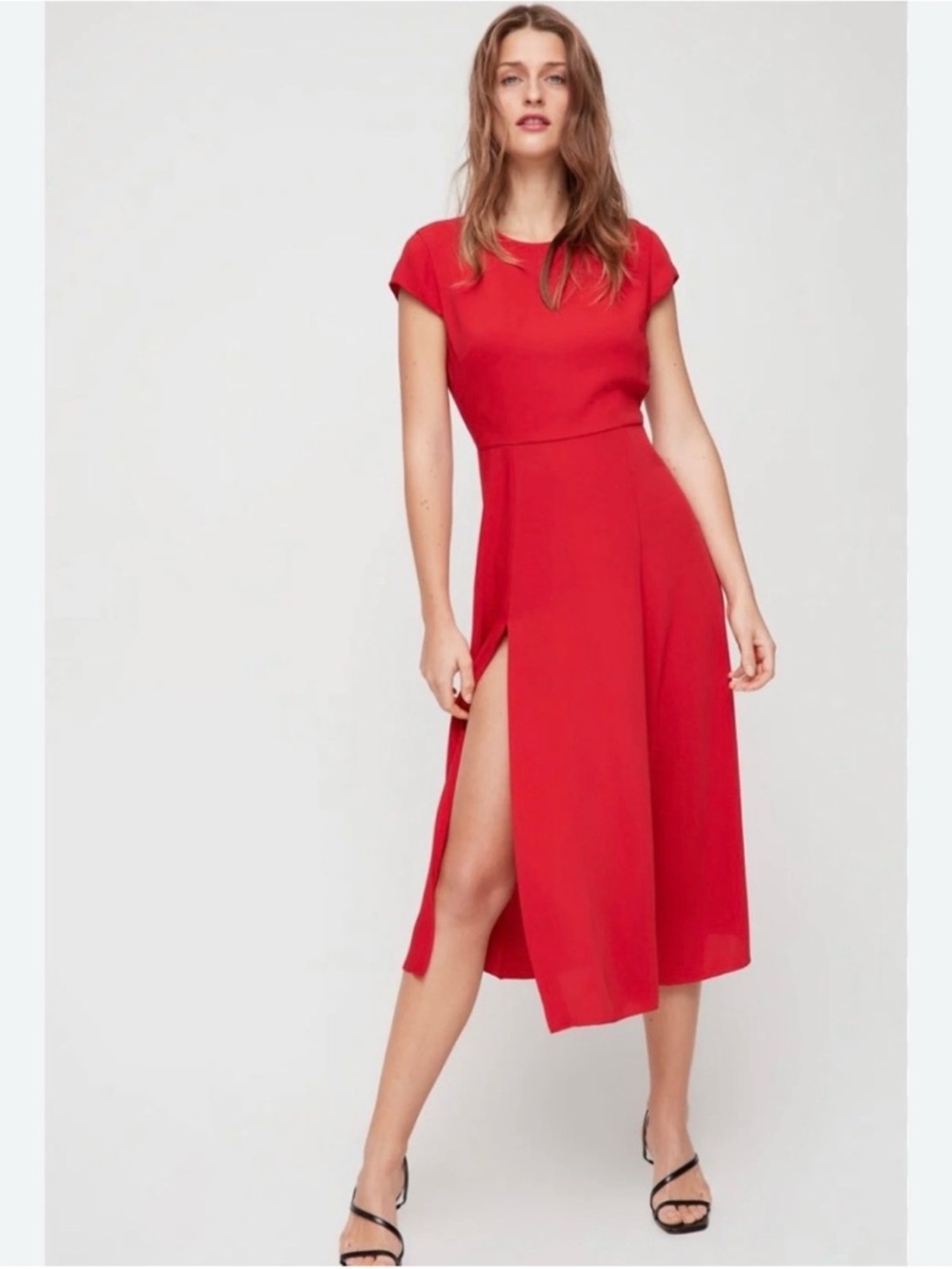 Babaton Red Cap-Sleeve Midi Dress with Side Slit
